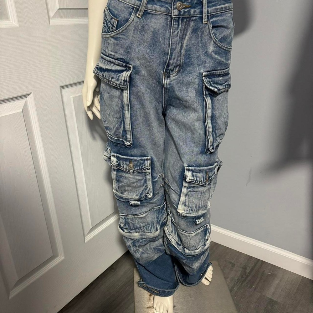 Immodel Wide Leg Acid Wash Cargo Jeans